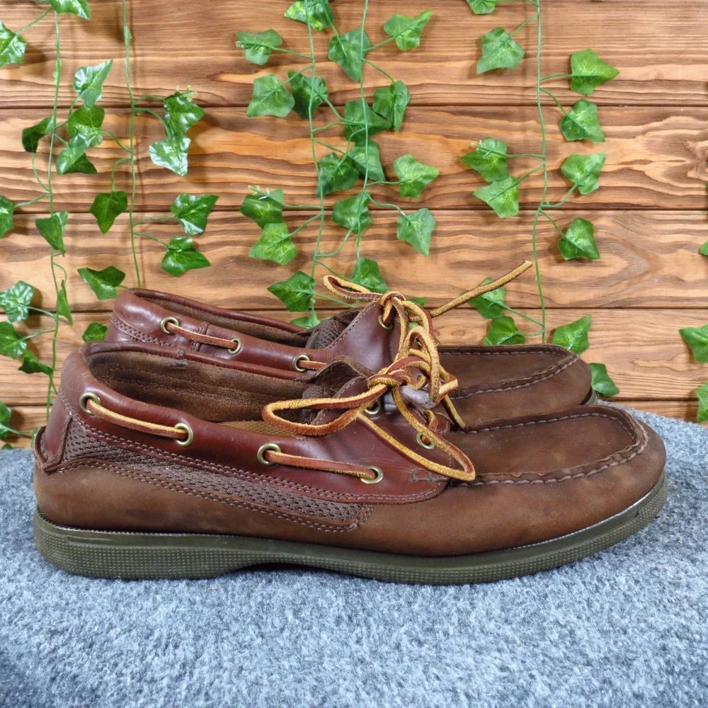 St. John's Bay 016-8001 Mens Boat Shoe Sz 9.5 Casual Nautical Brown Leather Mesh